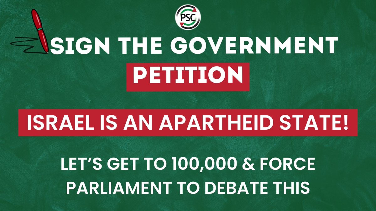 We've launched a petition calling on the Government to acknowledge reports of Israeli apartheid against the Palestinian people, and to change UK foreign policy accordingly. Help us reach the target of 100,000 signatures by adding your name and RT'ing⬇️ petition.parliament.uk/petitions/6188…