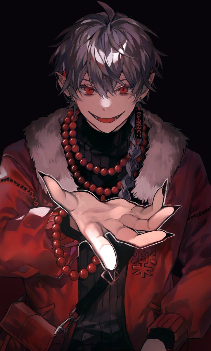 1boy male focus pointy ears beads red eyes jewelry solo  illustration images