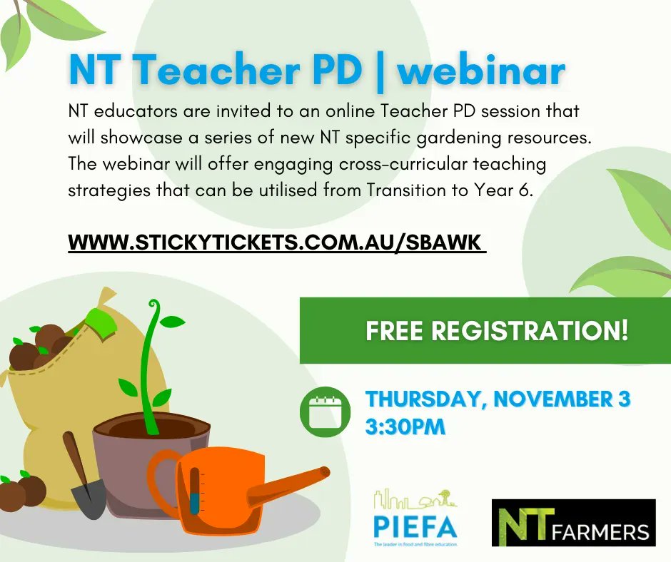 OzPIEF's tweet photo. PIEFA, in collaboration with @NTFarmers, will be hosting a Teacher PD webinar to showcase a series of new Northern Territory (NT) specific gardening resources.

📆 Thursday, 3rd of November
🕰️ 3:30pm  
💻 Registration is FREE! 

Find out more: https://t.co/fI0Ij37BkK https://t.co/PRl5Ybcp6w