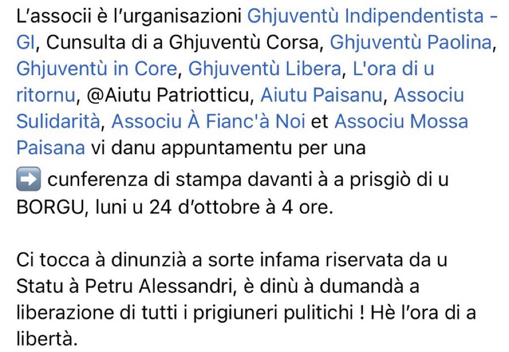 LOraDiURitornu's tweet photo. Cunfarenza di stampa davanti à a prisgiò di u Borgu, dumani à 4 ori
@LOraDiURitornu @AiutuP @GI_Naziunale @Ghju_Paolina @aiutupaisanu @GhjuventuLibera @AssoSulidarita https://t.co/9MTsHgk91c