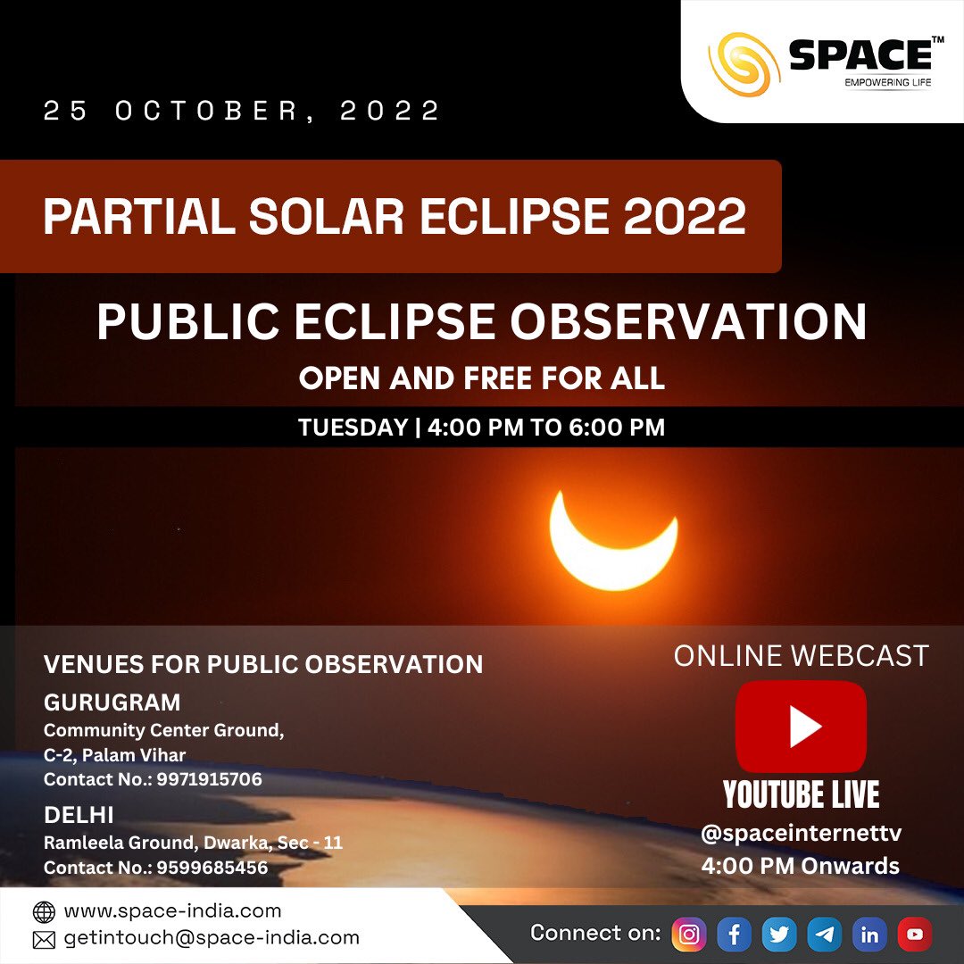 Watch the Solar Eclipse on 25th October 2022 with safe techniques &amp; enjoy the beautiful phenomena 🌚🌞 #SolarGoggles 

Timings: 4:00 PM TO 6:00 PM

#solareclipse #solareclipse2022 #earthobservation #Spaceindia