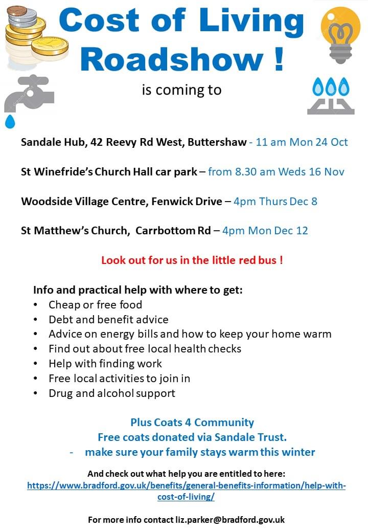 Join us tomorrow FREE #Coats4Community, advice and help with food, energy and lots more. Huge thanks to Sandale Trust, Liz Parker and other partners for organising these. #SandaleHub #TeamBradfordSouth #TeamBradford