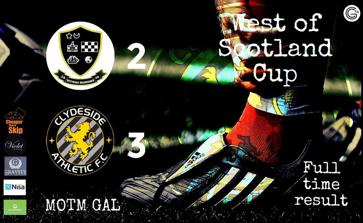 Clydeside Athletic (@clydesideath) on Twitter photo Result!!
WoS Cup 2nd Round
<a href="/BrandanesR/">Rothesay Brandanes AFC</a> 2-3 CAFC
Excellent performance against a strong side. Only disappointment a bad concussion for wee Danny π€ Get well soon ππ» #mtc π
<a href="/scottish_aff/">AmateurFixturesResultsSCO</a> <a href="/ScotAmFA/">Scottish Amateur FA</a> <a href="/GlasCollegesFA/">Glasgow Colleges FA</a> <a href="/QuinnergyLtd/">Quinnergy UK</a> <a href="/theweesteamie/">The Wee Steamie</a> #cheaperthanaskip #gravitysuite Result!!
WoS Cup 2nd Round
<a href="/BrandanesR/">Rothesay Brandanes AFC</a> 2-3 CAFC
Excellent performance against a strong side. Only disappointment a bad concussion for wee Danny π€ Get well soon ππ» #mtc π
<a href="/scottish_aff/">AmateurFixturesResultsSCO</a> <a href="/ScotAmFA/">Scottish Amateur FA</a> <a href="/GlasCollegesFA/">Glasgow Colleges FA</a> <a href="/QuinnergyLtd/">Quinnergy UK</a> <a href="/theweesteamie/">The Wee Steamie</a> #cheaperthanaskip #gravitysuite