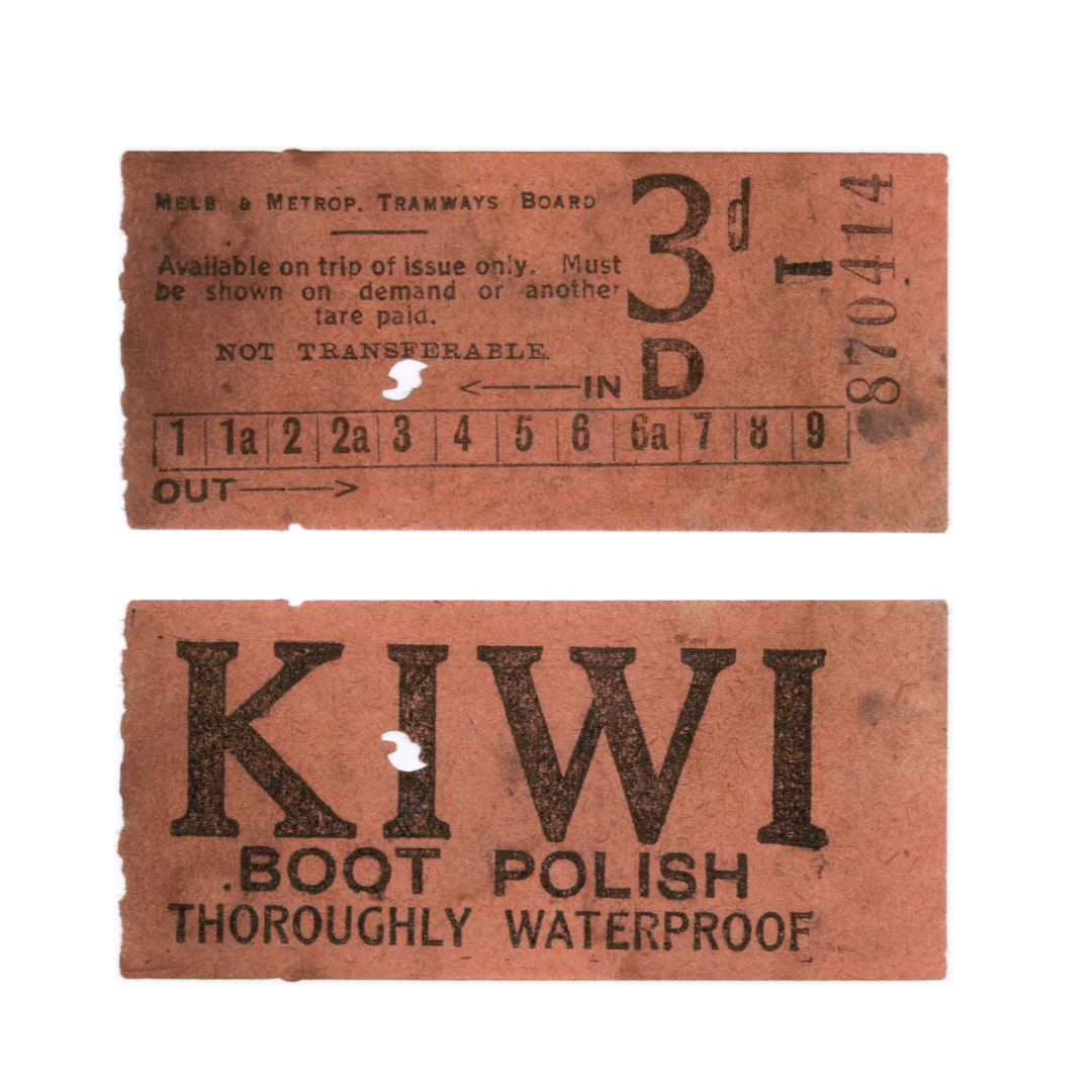 This threepence #Melbourne #tram ticket circa 1928 is one of over a hundred recovered from the body of J class No 64, decades after scrapping in 1956 after service in Geelong.
But you can still buy Kiwi shoe polish!
Ticket donated by Warrington Cameron.