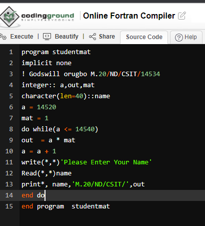 GodswilllOrugbo's tweet image. Using looping, develop a Fortran program to print out the mat no of 20 student of your class member.
Just Had to do it for a class Pratical report.😢
#Com221
#Lazycoder
#Fortran
#computerscience