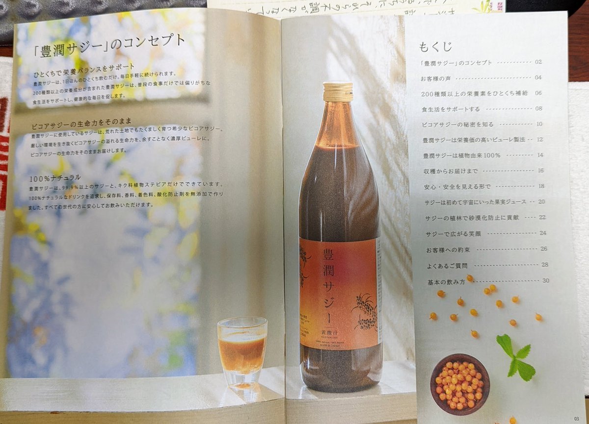 豊潤サジーさん。
同梱ツールが素晴らしすぎます。
その時代を私は知りませんが、やずやさんとかのCRM手法の再現なのでしょうか？仮にそうだとしても、比較は失礼です。そのくらいパンフレットへの力の入れ具合が凄いです。34ページ、安くはないはずです。VOCツールも、薬事を完全に守ったお手本です。