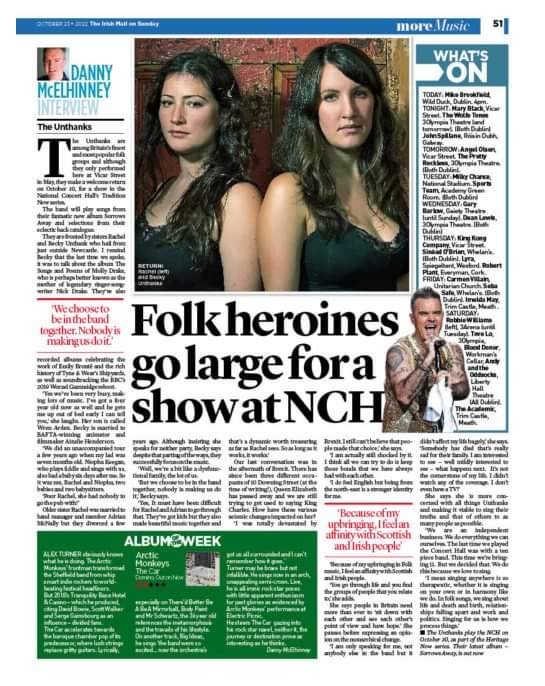 Ahead if their gig at Tradition Now on Oct 30, @TheUnthanks spoke to @DannyMcElhinney of the Irish Mail on Sunday about their upcoming performance! Pick up a copy to read all about it! Tickets are still available 👉 nch.ie/Online/article…