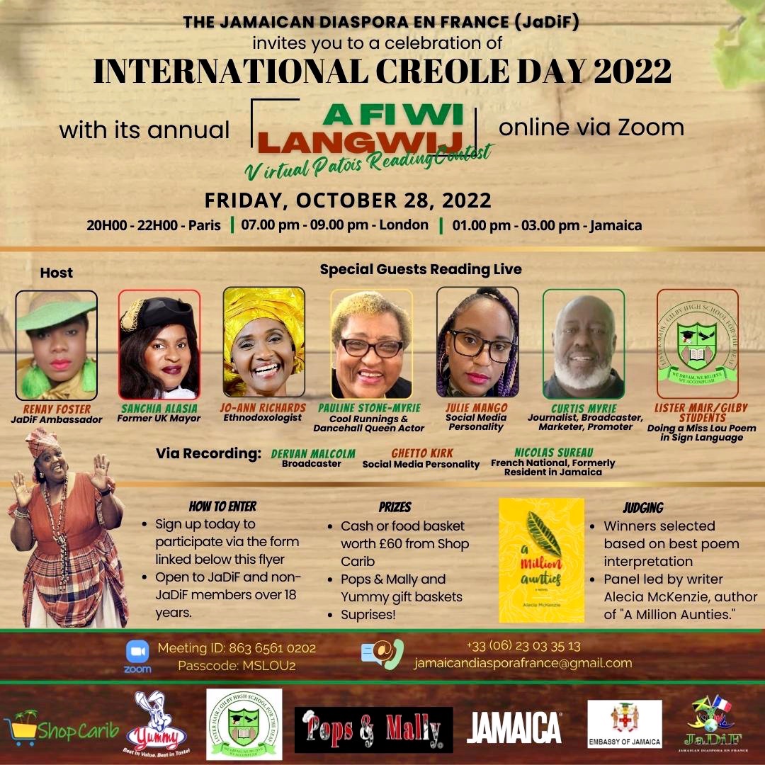 Less than a week to go -

JaDIF hosts a celebration of #Jamaican #creole, #poetry, #poets, #performance, honouring icon Miss Lou and language, incl. sign language.

“A FI WI LANGWIJ”. Oct. 28.

Please join us. 

docs.google.com/forms/d/e/1FAI………

#Caribbean #arts #culture #diaspora