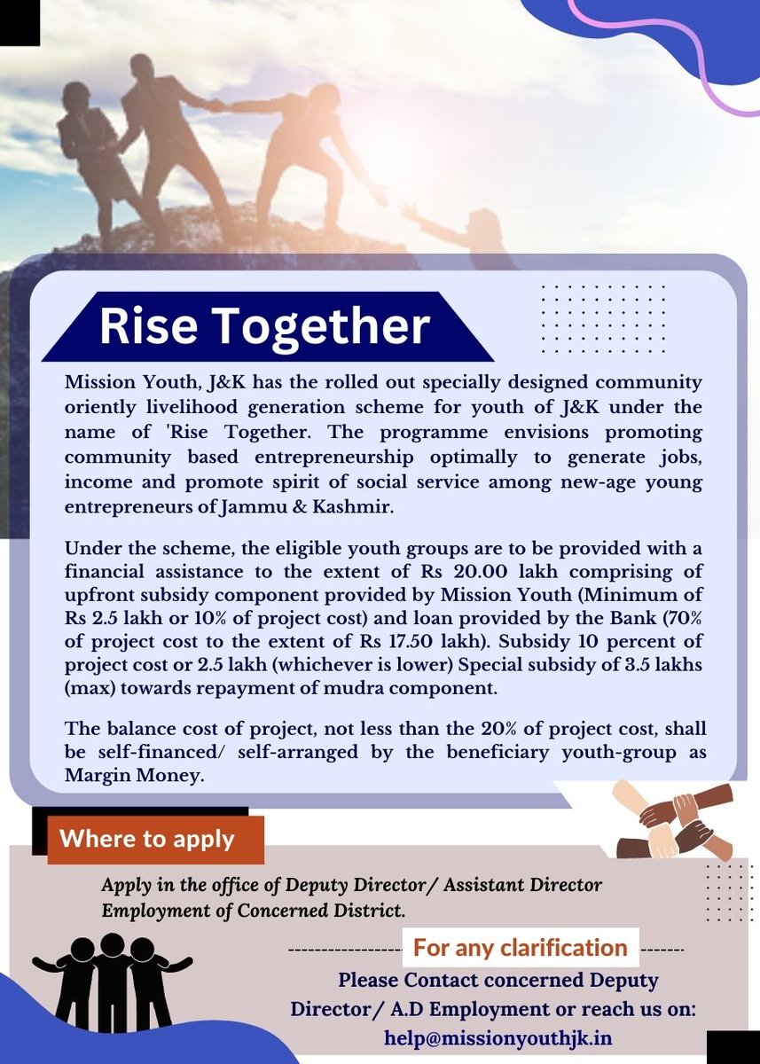 ddprsrinagar's tweet photo. #BerozgarSeSwarozgar 
Rise Together” promotes community-based entrepreneurship to generate jobs &amp; income. Under the scheme, youth groups get financial assistance upto Rs 20 lakh comprising of upfront subsidy component minimum of Rs 2.5 lakh or 10 % of the project cost.
@diprjk https://t.co/UnHK17b0xp