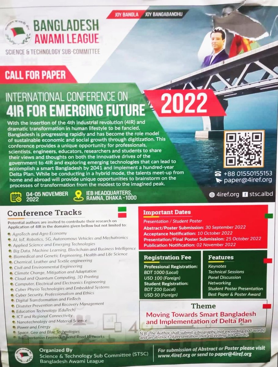 AshrafRahmanBD's tweet photo. International Conference on '4IR for Emerging Future -2022'
Theme: 'Moving Towards Smart Bangladesh and Implementation of Delta Plan'
Date: 04-05 November 2022
For details: https://t.co/wYnLoY1PLv
#AshrafurRahmanBD
#bdsig #bigf2022 #igf2022 #YouthIGFBangladesh https://t.co/8e4H9Ho1YP