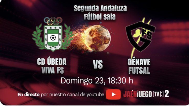 🚨RETRANSMISIÓN ‼️

⚽️Esta tarde hay FÚTBOL SALA en el CANAL 2 de JeJ (JaenEnJuego 2)

➡️Desde las 18:25 horas, en #directo: <a href="/cd_ubedaviva/">CD Úbeda Viva</a> - <a href="/GenaveFutsal/">Génave Futsal</a> . Partidazo que podrás ver aquí 👇

📺Enlace: youtu.be/kDXprOiI63E