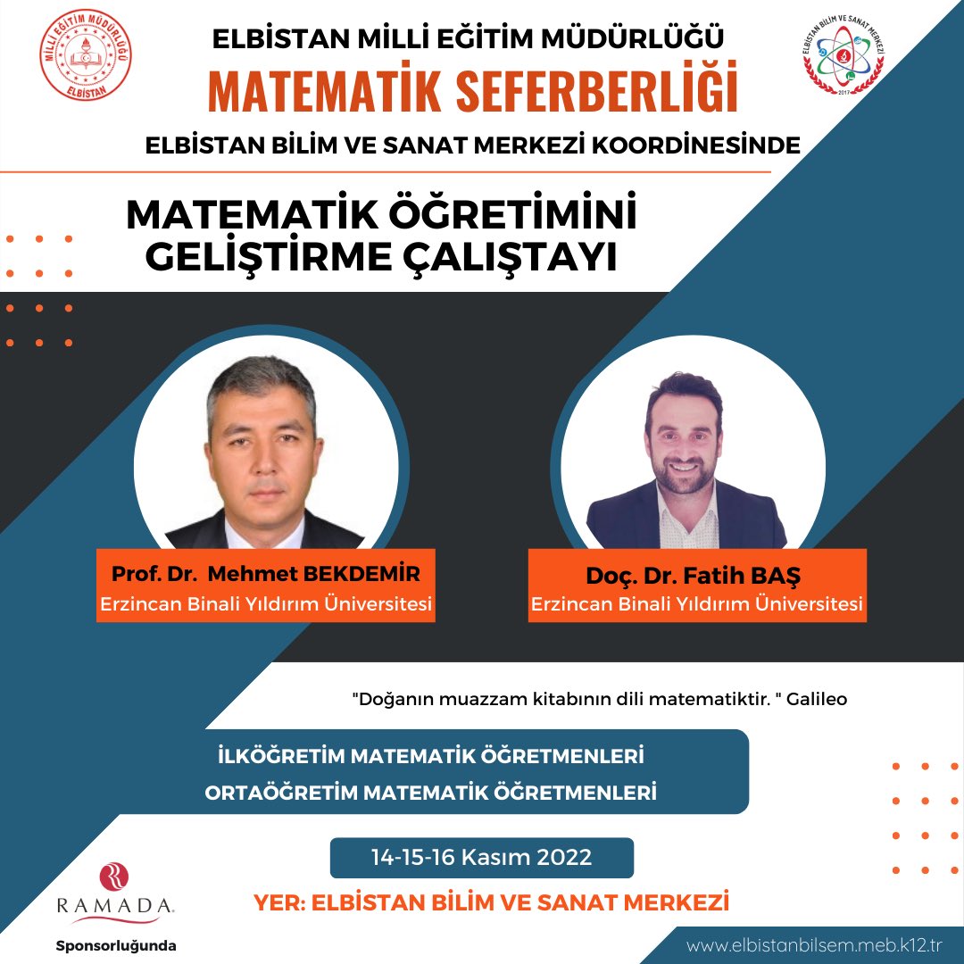 Elbistanbilsem's tweet photo. Bakanlığımız tarafından matematik dersini sevdirmek ve matematikte başarıyı artırmak için başlatılan "Matematik Seferberliği " kapsamında 14-15-16 Kasım tarihlerinde kurumumuz koordinesinde "Matematik Öğretimini Geliştirme Çalıştayı” gerçekleştirilecektir.

@BilsemMeb https://t.co/EirSt2FnMP