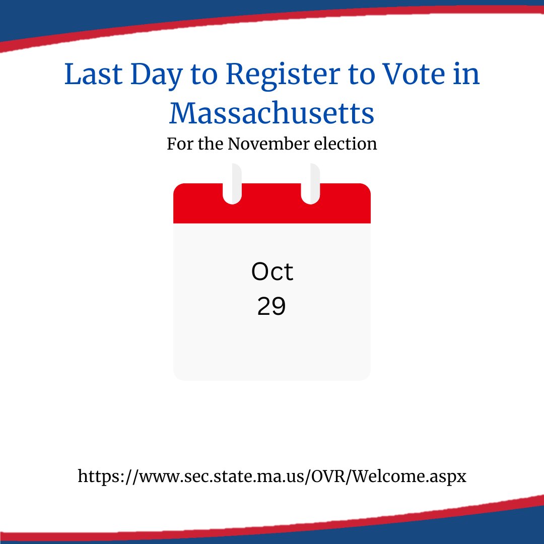 Remember, October 29 is the last day to register to vote online in MA! Go to hubs.la/Q01p-LZl0 to register.