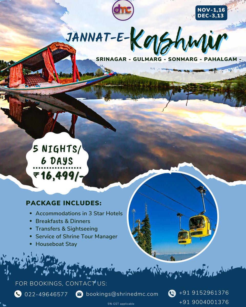 Experience the mesmerising beauty of Kashmir with Team Shrine...Stay in the Houseboat ON Dal Lake in Srinagar, the snow capped Gulmarg, the scenic Pahalgam, the majestic Sonmarg.. and much more on our #JannatEKashmir group tour 😊

#TravelAgainSoon #TravelWithShrine #ShrineDMC