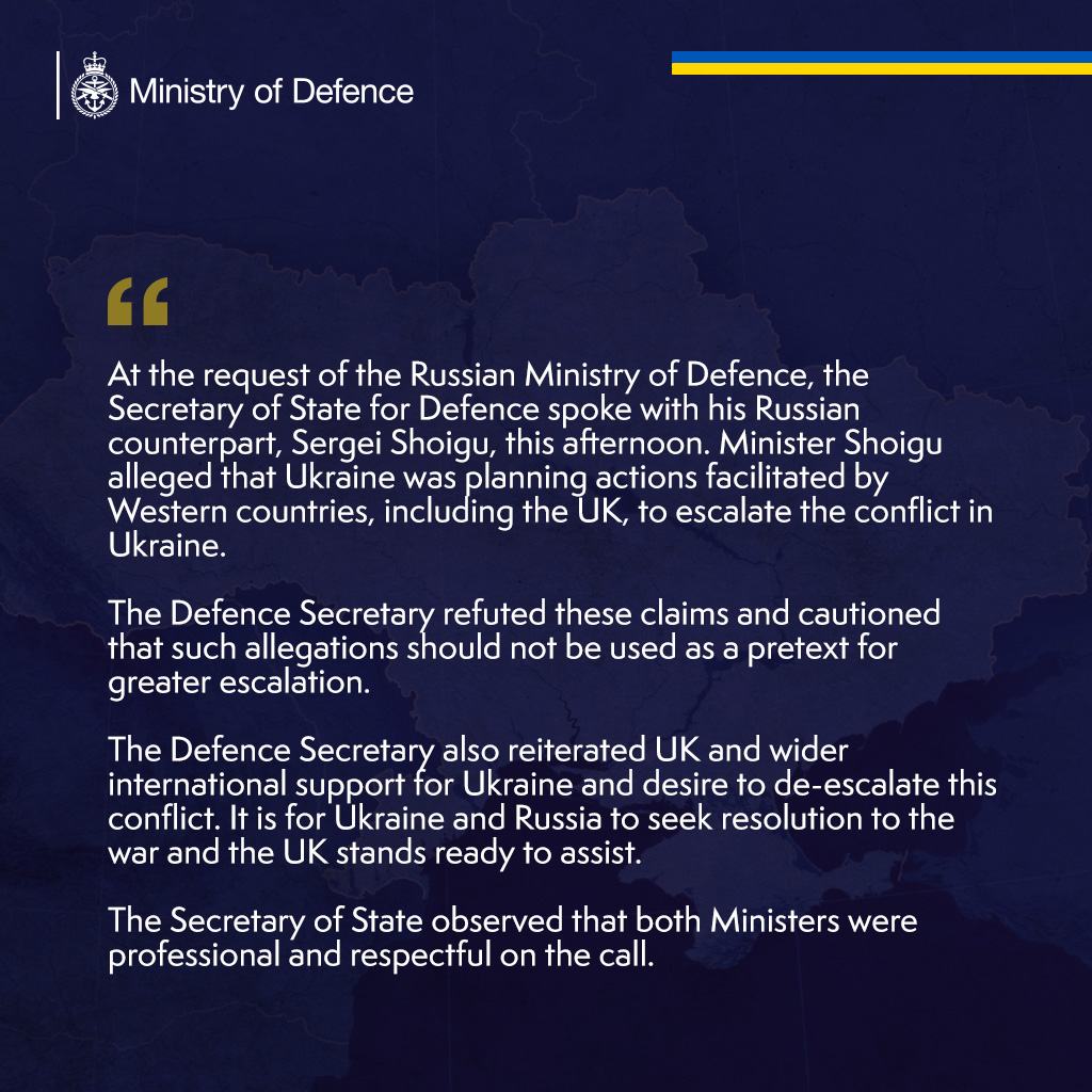 A statement on Defence Secretary Ben Wallace's call with Russian Defence Minister Sergei Shoigu: