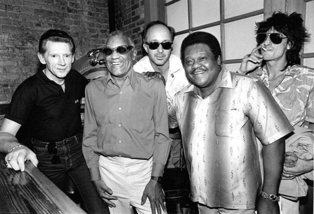 Jerry Lee Lewis, Ray Charles, Paul Shaffer, Fats Domino and Ronnie Wood, 1986.