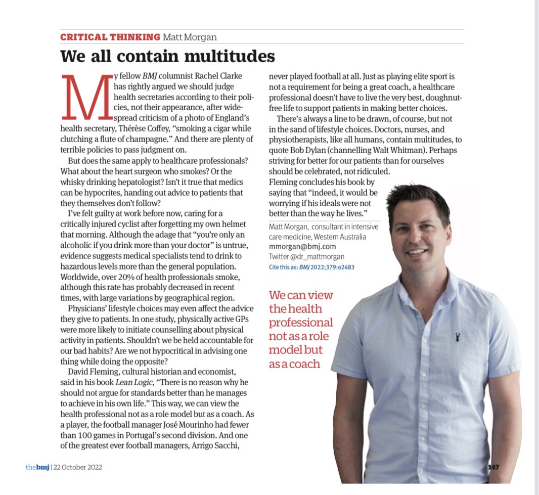 “Just as playing elite sport is not a requirement for being a great coach, a healthcare professional doesn’t have to live the very best, doughnut- free life to support patients in making better choices.”

Lots of discussion points in <a href="/dr_mattmorgan/">Dr Matt Morgan</a>’s latest <a href="/bmj_latest/">The BMJ</a> piece: