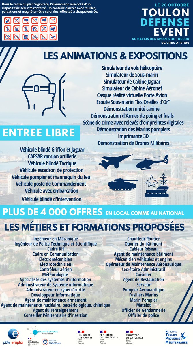 Mercredi 26 octobre à Toulon @poleemploi_VAR  &amp; ses partenaires <a href="/Armees_Gouv/">Ministère des Armées et des Anciens combattants</a>  <a href="/Interieur_Gouv/">Ministère de l'Intérieur</a> <a href="/justice_gouv/">Ministère de la Justice</a>
avec  <a href="/metropoleTPM/">Toulon Provence Mediterranée</a>  organisent le #ToulonDéfenseEvent.🎯Plus #4000postes dans de nombreux métiers civils comme militaires.  #AvecPôleEmploi