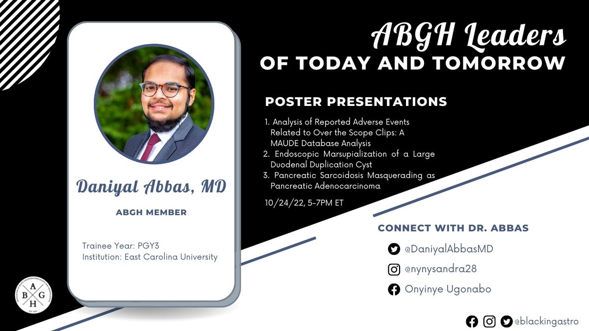 ABGH (@blackingastro) on Twitter photo Happening tomorrow! - Dr. Daniyal Abbas (<a href="/DaniyalAbbasMD/">Daniyal Abbas</a>) will present three posters at #ACG2022. We're proud of this ABGH member's scholarship at the national meeting. Excited to see where your career goes, Dr. Abbas!
#blackingastro Happening tomorrow! - Dr. Daniyal Abbas (<a href="/DaniyalAbbasMD/">Daniyal Abbas</a>) will present three posters at #ACG2022. We're proud of this ABGH member's scholarship at the national meeting. Excited to see where your career goes, Dr. Abbas!
#blackingastro