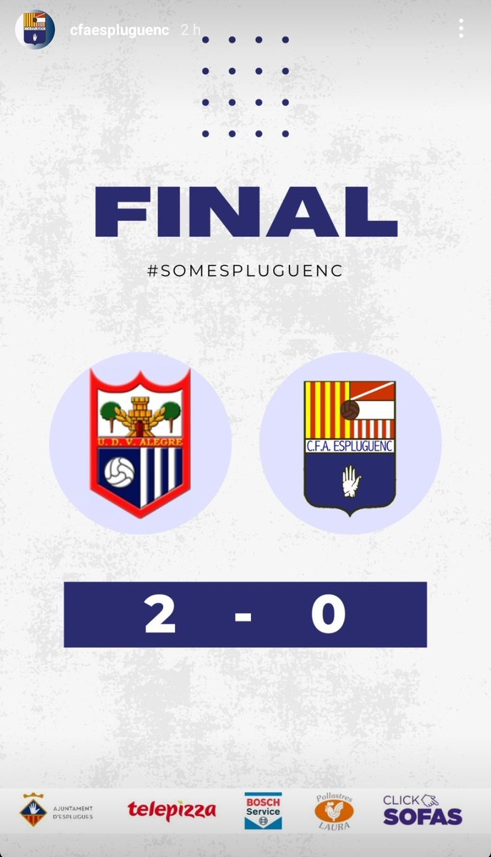 AlvaroGomez_8's tweet photo. Derrota hoy 2-0 frente a @UDVistaAlegre. Dos errores en el tramo inicial y la falta de acierto arriba nos condenaron hoy. @CFAEspluguenc toca corregir errores y levantarse ya que esto sigue. 
Y si, el tiempo pone a cada uno en su sitio. ¡Tu disfruta! 😘👍 https://t.co/rtEp9wPmI8