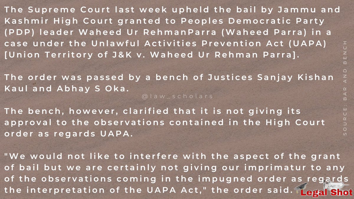 law_scholars's tweet photo. UAPA: Supreme Court upholds bail granted to PDP's Waheed Parra by Jammu & Kashmir High Court
#UAPA
#SupremeCourtOfIndia
#JammuAndKashmir #HighCourt
#LawScholars #Lawyer #Lexmates
#LegalAwareness #LegalKnowledge #LegalShot https://t.co/SXkOvhI2wT