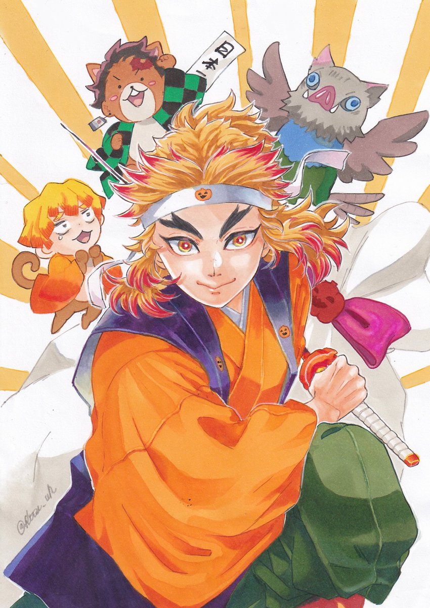 rengoku kyoujurou japanese clothes weapon blonde hair sword forked eyebrows male focus red hair  illustration images