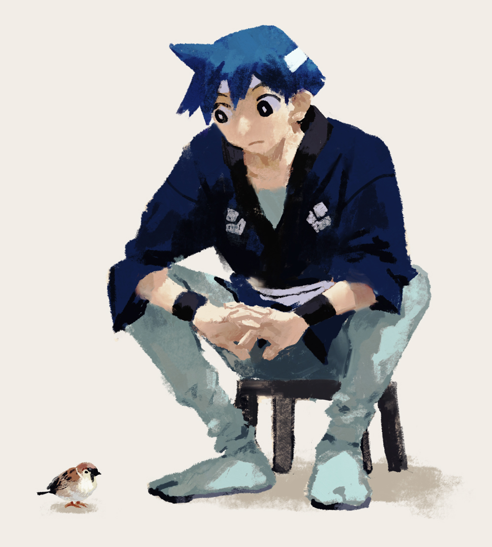 1boy male focus blue hair headband bird solo sitting  illustration images