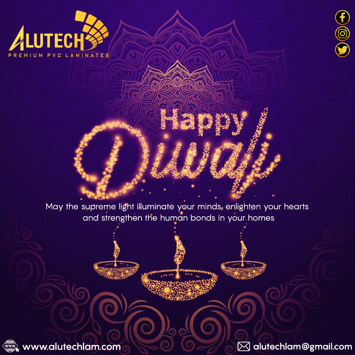 Happy Diwali 
"Wishing a blessed and beautiful Diwali to you. Enjoy this season of festivities with your family and friends to make it a memorable one."
*
**
***
#alutech   #diwali #india #festival #happydiwali #love #diwaligifts #diwalidecorations #diwalidecor #instagram
