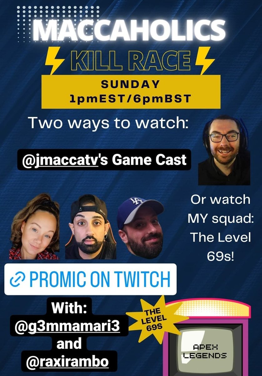 TODAY at 1pm EST/6pm BST:
PROMIC TRIES TO TRY! THE LEVEL 69s IN THE MACCAHOLICS APEX TOURNAMENT!

Watch <a href="/G3mmamari3/">Gemma</a>, <a href="/RaxiRambo/">RaxiRambo</a>, and I play the BEST #Apex we've played ALL DAY!
twitch.tv/ProMic73 

AND Watch our host, @JMaccaTV's game cast here:
twitch.tv/JMaccaTV