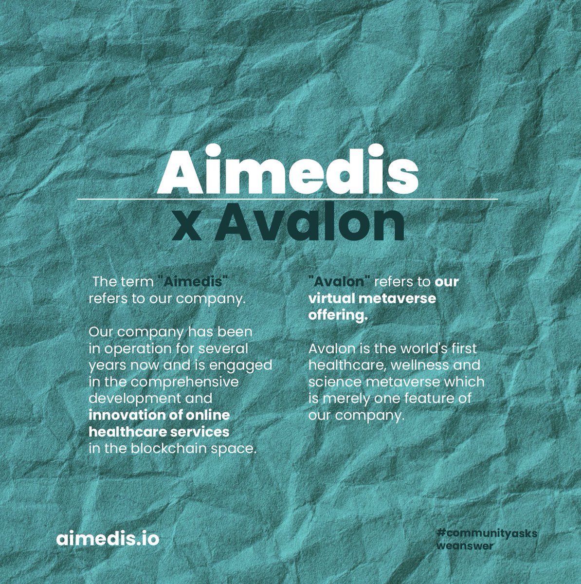 AimedisGlobal's tweet photo. A few fans have asked us about the difference between the terms Aimedis and Avalon. Not surprisingly, the two are confusing, both start with the letter "A" and both deal with online healthcare. 🤔

Read below the main difference!👇

#aimedis #avalon #metaverse #healthcare https://t.co/3Omx5oC8LV