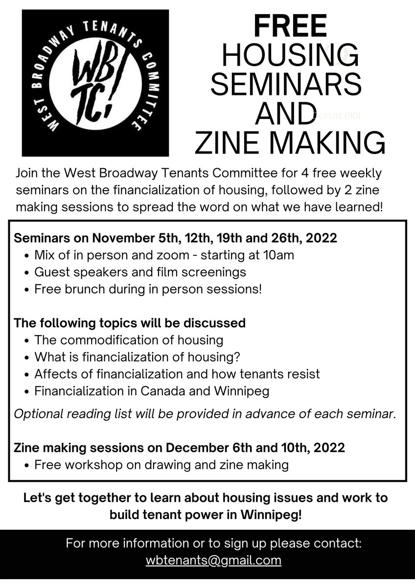 Join us for a 4-week discussion seminar series on the financialization of housing. What is it? How does it impact tenants &amp; our communities? How can we resist? Starts Nov 5th - alternates in-person (w/food!) &amp; zoom