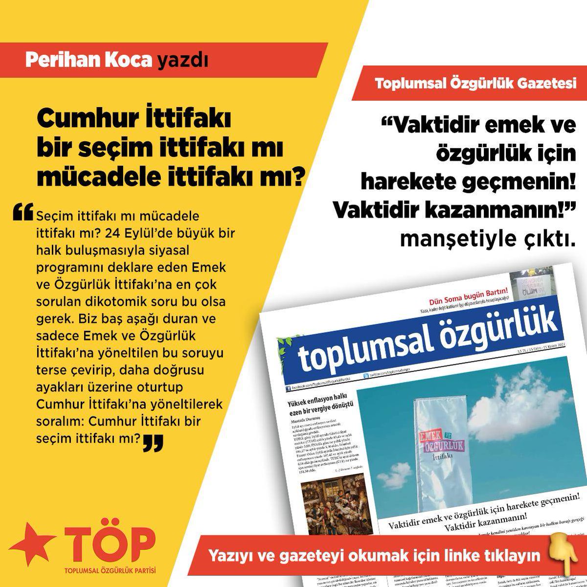 Sözcüler Kurulu üyemiz Perihan Koca'nın 'Cumhur ittifakı bir seçim ittifakı mı, mücadele ittifakı mı?' yazısını ve gazetemizin yeni sayısını okumak için 👇 toplumsalozgurluk.org/wp-content/upl… #Seçim #Cumhurİttifakı