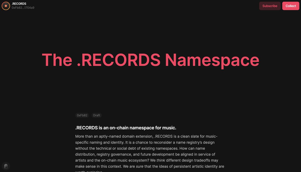 An expansion on the architecture and vision for the .RECORDS namespace. mirror.xyz/0xFb8222cd07D8…