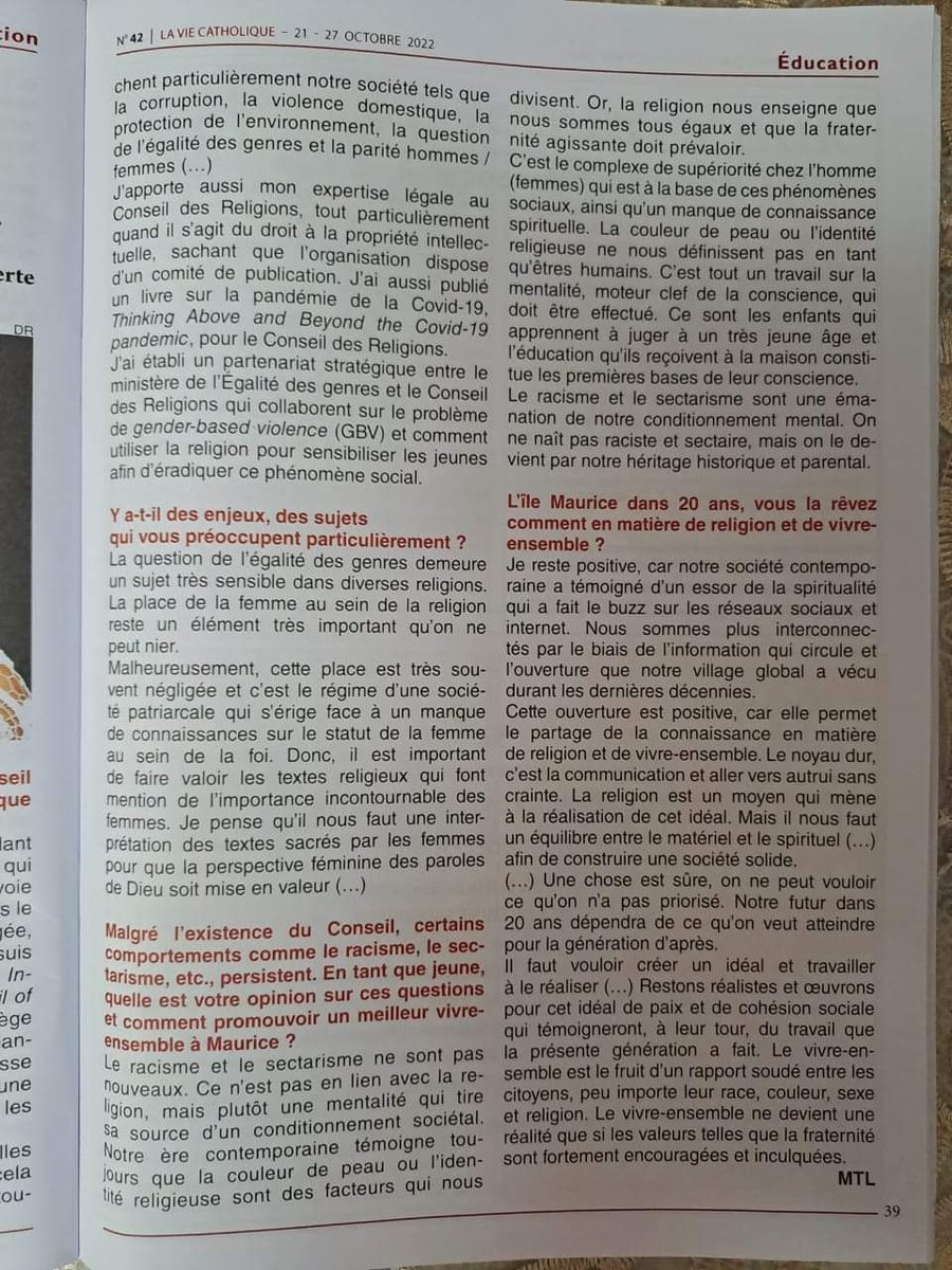 My interview article on "Youth Wing" of the Council Of Religions. I have laid emphasis on the crucial importance of guiding the Youth towards the concrete realisation of peace and nation building. 

The magazine "La vie catholique" published my interview.