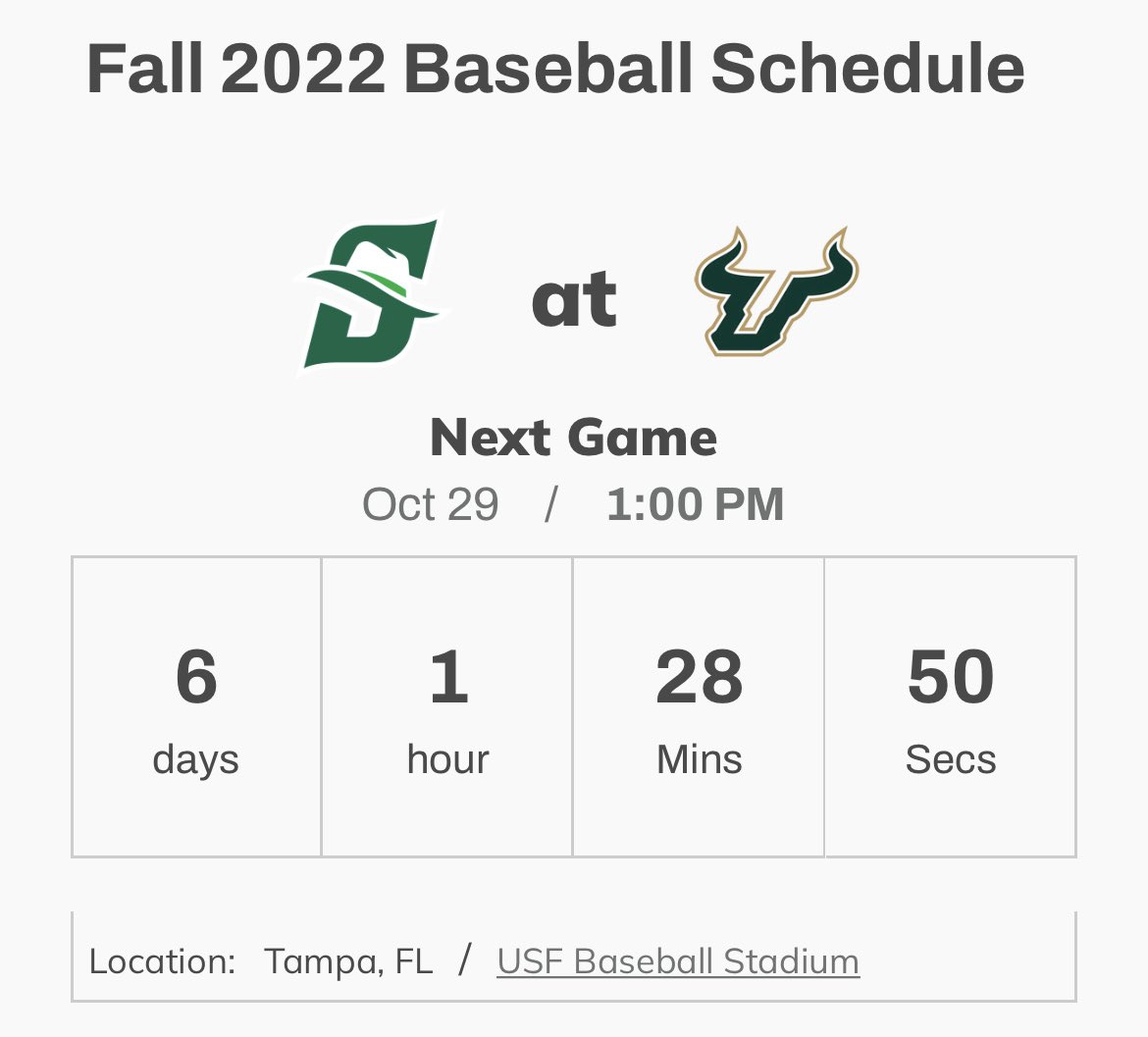 USFBaseballFans's tweet photo. Based on the @StetsonBaseball website, the day/time for USF Baseball’s fall game is this upcoming Saturday the 29th at 1:00PM at home! https://t.co/Gm9eyYa2lk