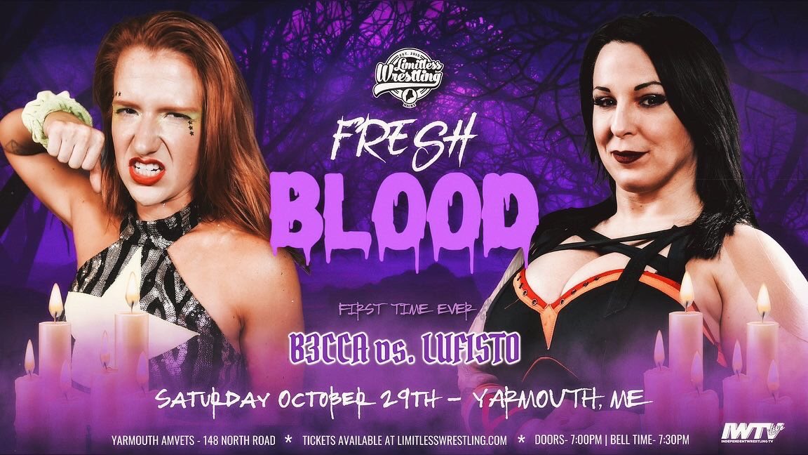 4️⃣ first time matchups signed for #FreshBlood on Saturday, 10/29 in Yarmouth, ME! • Shook Crew vs. The Workhorsemen • Andy Brown vs. Rip Byson • MORTAR vs. Covey Christ • B3CCA vs. LuFisto 📺 Streaming LIVE on @indiewrestling at 7:30PM ET! 🎟 TIX: LimitlessWrestling.com/tickets