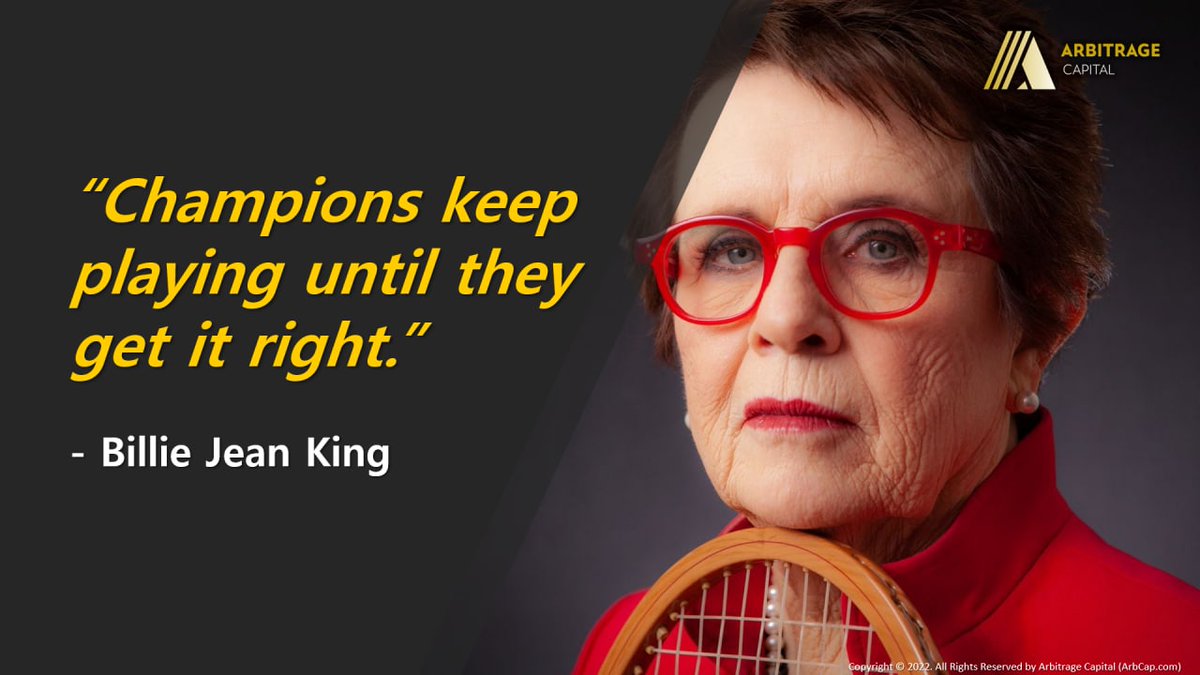 ArbCapGlobal's tweet photo. "Champions keep playing until they get it right." - Billie Jean King

#BillieJeanKing #SportsLegends #Sports #SportsArbitrage #ArbitrageTrading #ArbitrageCapital #ArbCap https://t.co/ixlzUbMGvs