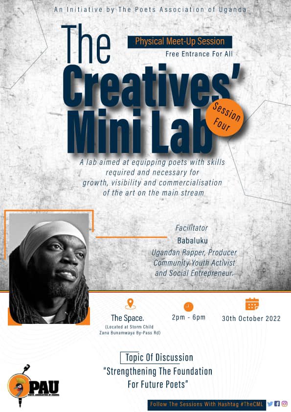 Hey there!!!

We'll have our first physical season of #TheCML next Sunday, 30th October at The Space. Located at Storm Child building, Zana-Bunamwaaya by pass rd.
Facilitator: Babaluku
Topic of discussion: Strengthening The Foundation For Future Poets