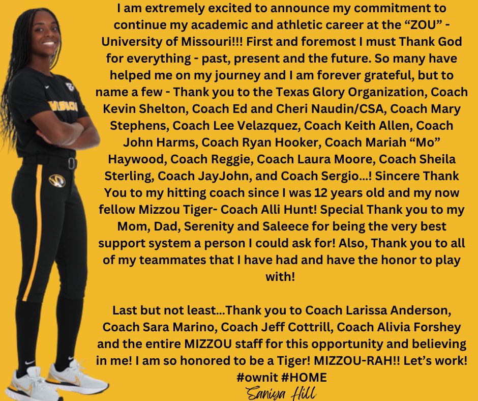 Heading to the ZOU! Very excited to announce that I have decided to continue my academic and athletic career at the University of Missouri! #FutureTiger 
@MizzouSoftball @CoachLarissaA @J_Cottrill_ @coachMarino11 @livforshey @TexasGlory @ednaudin @LeeVelazquez06 @CSA_Athletes