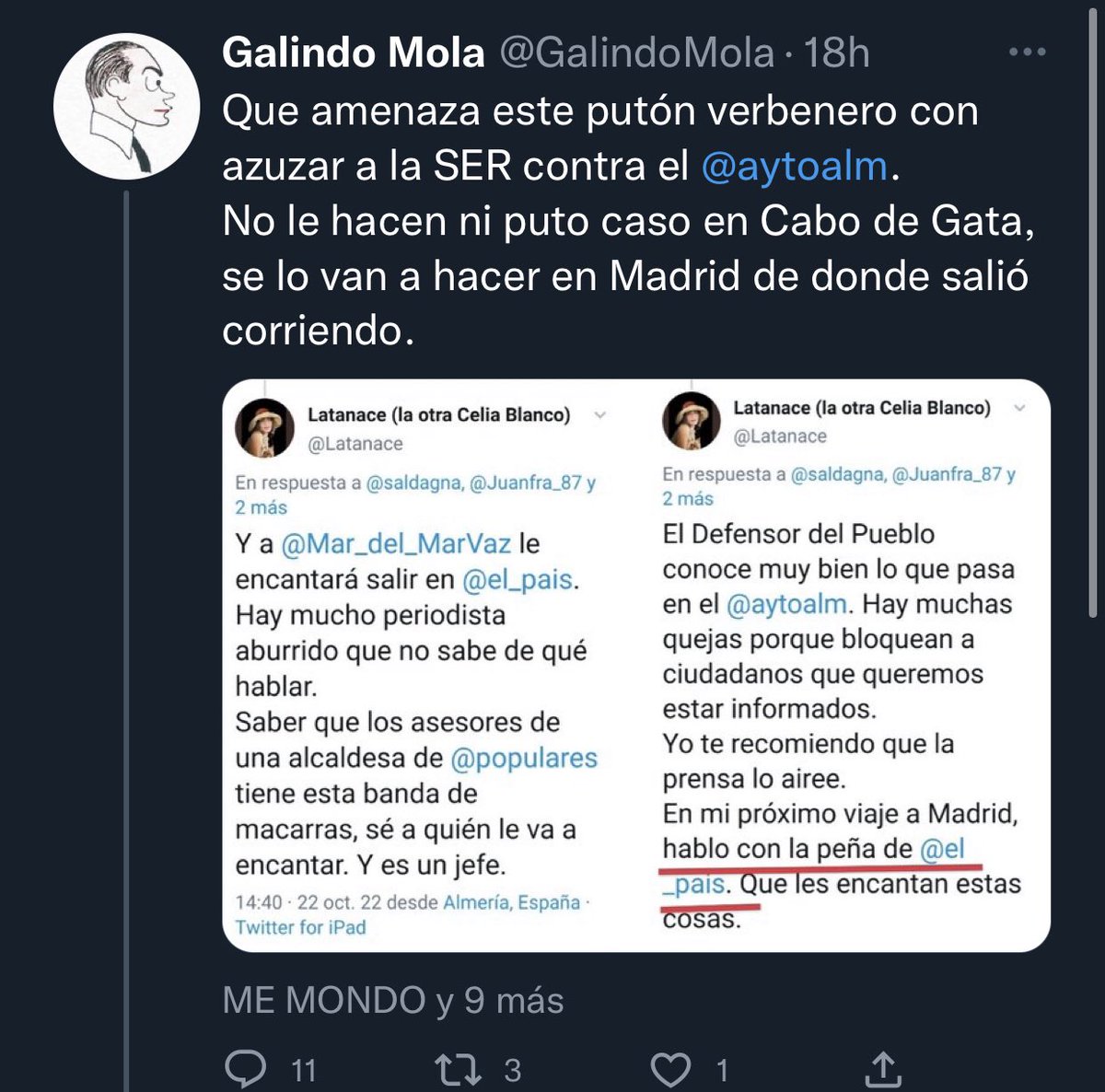 luisa_ddhh's tweet photo. @GalindoMola @LouBrean @aytoalm @MeMondo1 @Elasesor16 @elpianistadevox @JQA1979 @rull070 @pennytoctoc2 @PalominaJuanfri @almeriacorazon @JuanBerenguel1 Llamar “puton verbenero” a una mujer por expresar su opinión es lo propio de un maltratador. Por eso te bloqueo. También he bloqueado a los concejales de cultura, alcaldesa etc que siguen a esta cuenta porque me parece completamente indecente. https://t.co/1Vi8SY4x2r