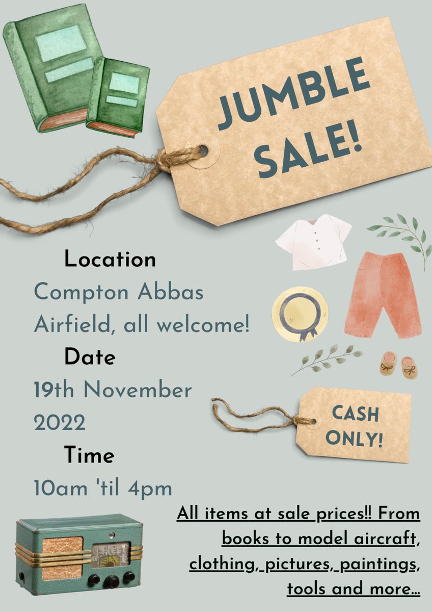 Mark your calendars! 🗓️ Compton Abbas Airfield is hosting a Jumble Sale on the 19th November! 10:00 - 16:00 📚 ✈️ 🖼️ Books, paintings, tools, models, office supplies - all at sale prices! Cash only please! 💷 We can’t wait to see you there!