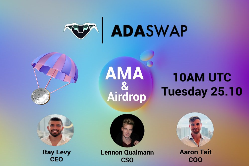 Hey AdaSwap! 

It's time to lay out our roadmap and why #AdaSwap is going straight to the moon! Join our AMA this Tuesday for the latest info and a BIG #Airdrop &amp; #giveaway 🚀💥

We will tell you what's happening with #mainnet and #Aptos, see you there!

x.com/i/spaces/1DXxy…