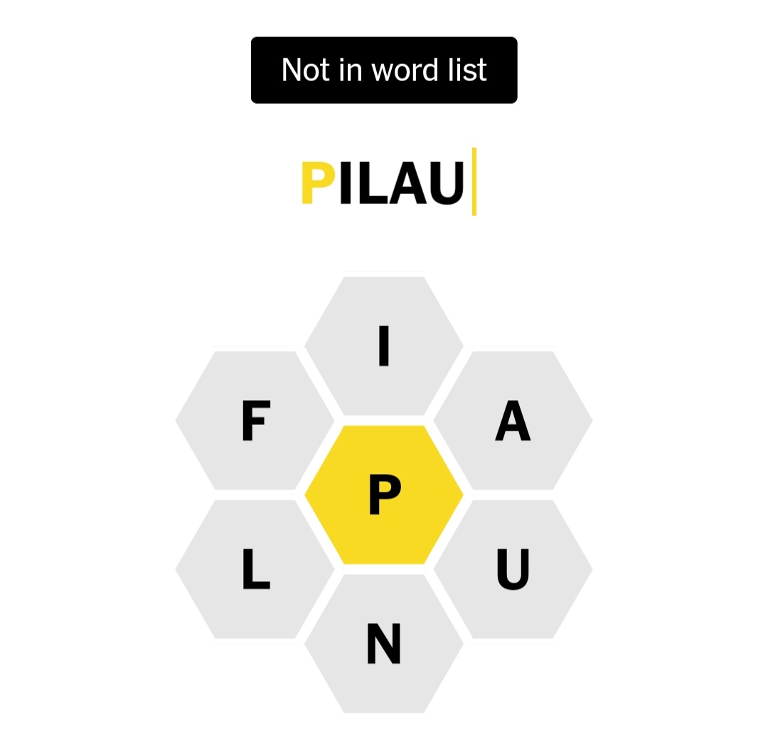 #NYTSpellingBee #notinwordlist This variation of an accepted list word is far more common in my neck of the marsh. Don't get me started on PLUFF. #nytsb #hivemind