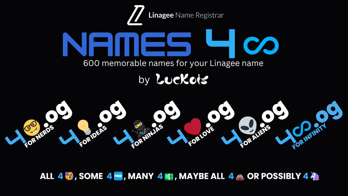 Luckois_NFT's tweet photo. The new rediscovered #Linagee #Name #Registrar by @LeonidasNFT got me bad🤓.
Thanks to the solution of @m_keresty I created the 4♾collection.
600 memorable #LinageeNames.
#NFT #LucKois #4infinity @LinageeDomains #LinageeNameRegistrar https://t.co/vUJomekJMn