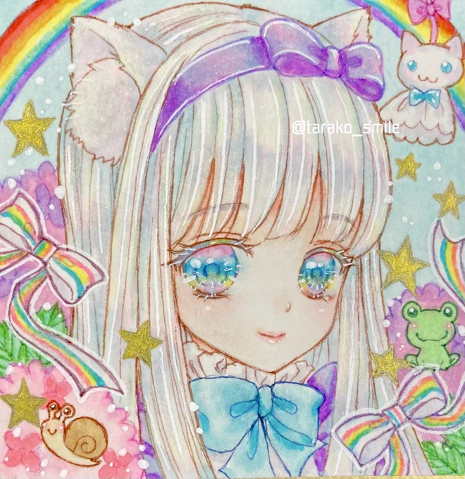 #イラストを4枚貼ると秋風に乗って絵柄を好いてくれる人の元へ届くらしい 届くと良いな1〜3枚目は童話モチーフのミニ額作品4枚目はオリジナルモチーフの虹猫ちゃんです#豆色紙 #ミニ額 