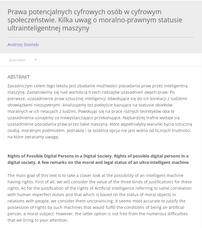 Prawa potencjalnych cyfrowych osób w cyfrowym społeczeństwie / Rights of Possible Digital Persons in a Digital Society - New essay (in Polish) from Andrzej Stoiński and published in 'Zoon Politikon.' ejournals.eu/Zoon-Politikon…