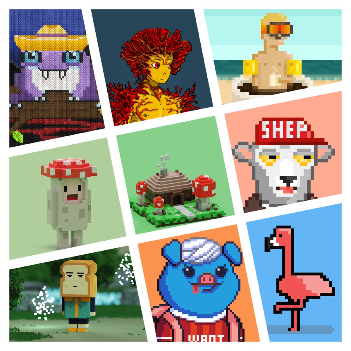 🧵Hey guys, let's talk about Voxel and Pixelart. In this thread, I will explain why the following projects are gems 💎 in the Algo NFT- space. @AlgoKnitter @theseafolk @coffeebits_nft @ALGOMONZ / @MONZVERSE @BreadHead_Gang @ShepNFTs @Oink2YeahClub @yieldling
