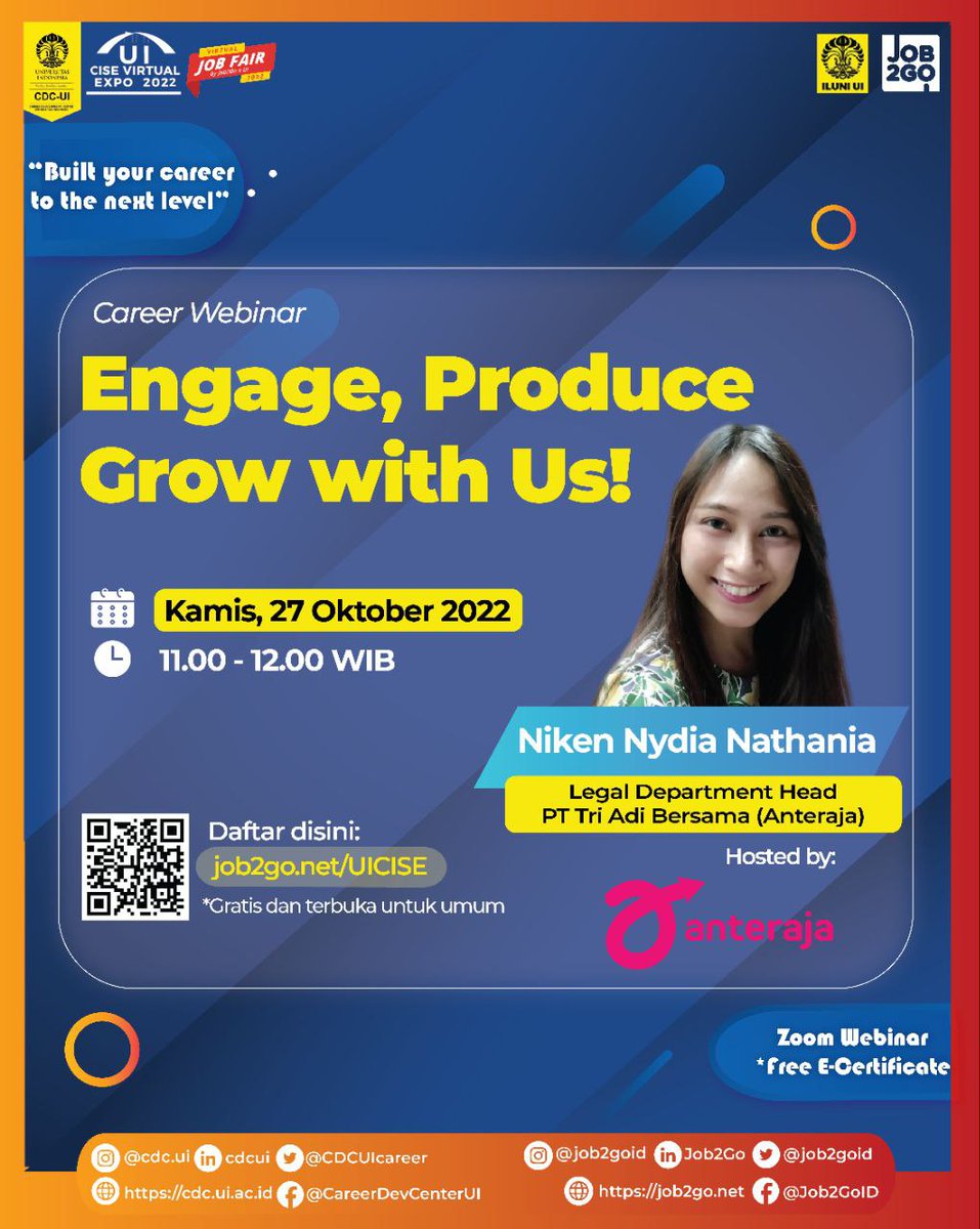 alumniUI's tweet image. Topik: Engage, Produce Grow with Us!
Pembicara:
- Niken Nydia Nathania (Legal Department Head)
Hari/tanggal: KAMIS, 27 OKTOBER 2022
Waktu: 11:00 - 12:00 WIB
Media: Zoom Webinar
Link pendaftaran: job2go.net/UICISE