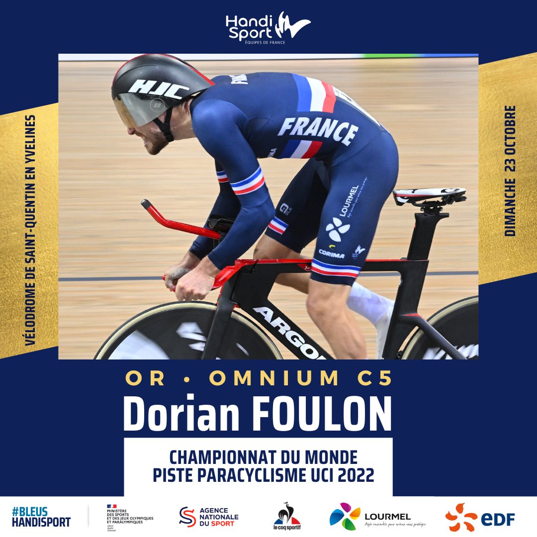 REUSSITE TOTALE POUR DORIAN FOULON 🌈🌈 Après 3 médailles sur ces championnats, Dorian Foulon confirme sa place de leader et remporte un nouveau le titre sur l'omnium. Bravo champion ! 🥇🥇🥈🥉 #bleushandisport #Lourmel