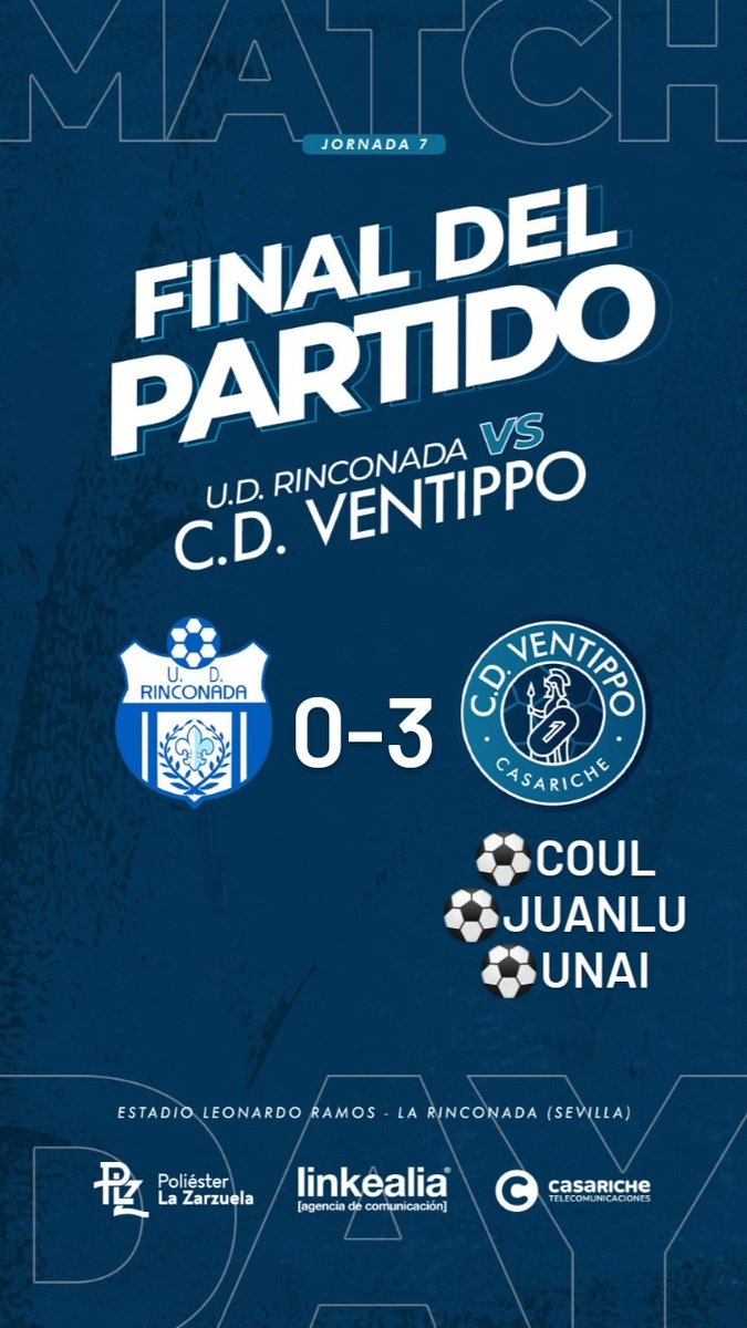 🏟TEMPORADA 2022/2023

⌛FINAL DEL PARTIDO 

7️⃣Jornada:

⚽️#UDRINCONADA 0  🆚  3 #CDVENTIPPO 

✅Anotaron:  coul , juanlu, Unai 

🏆#1ªAndaluzaSENIOR